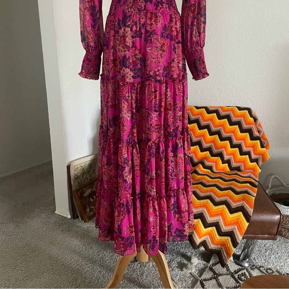 Misa Los Angeles Marian Floral Ruffle Metallic Tier Smocked Midi Dress - Picture 10 of 12